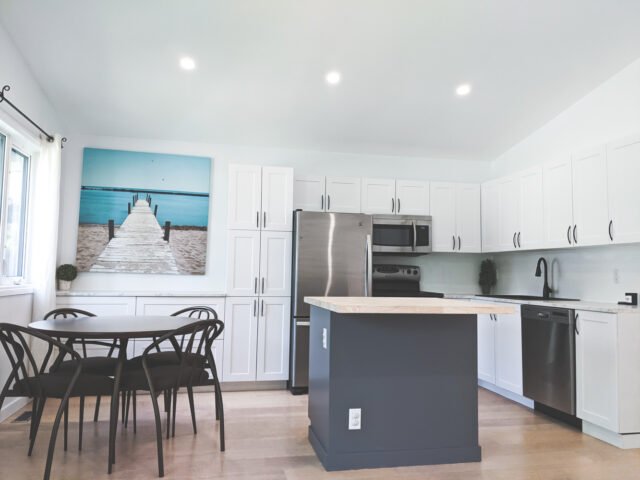 Modern kitchen with cabinets and island that have been recently renovated.